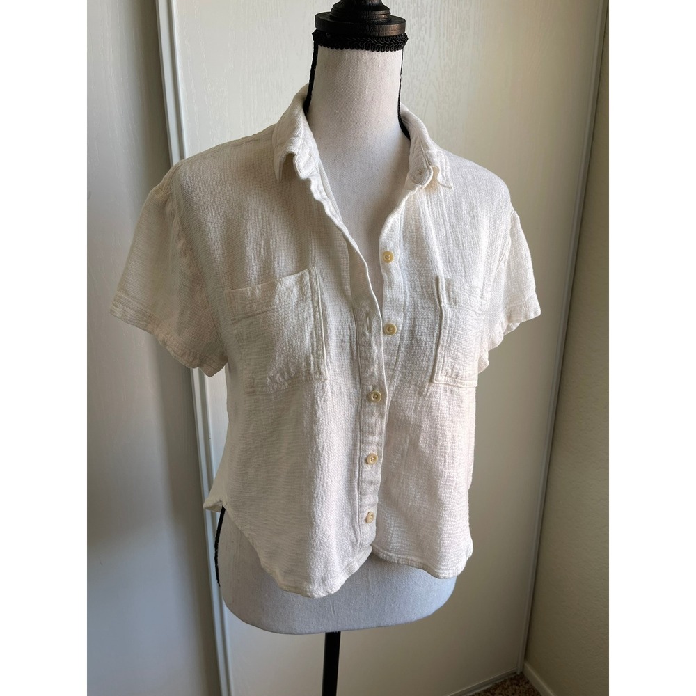 Madewell Womens Small White Linen Blend Button Down Shirt Short Sleeve Coastal